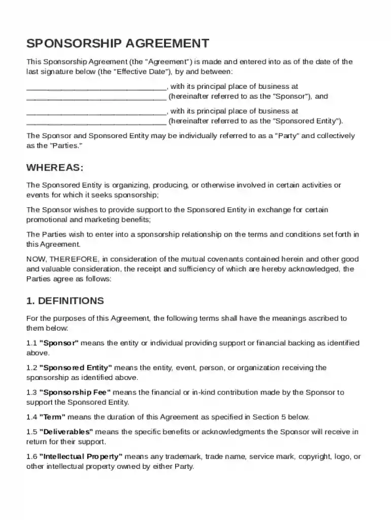 Sponsorship Contract Template Preview on Page 1