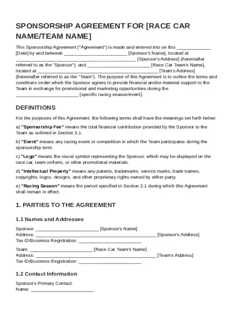 Sponsorship Race Car Sponsorship Contract Template Preview on Page 1