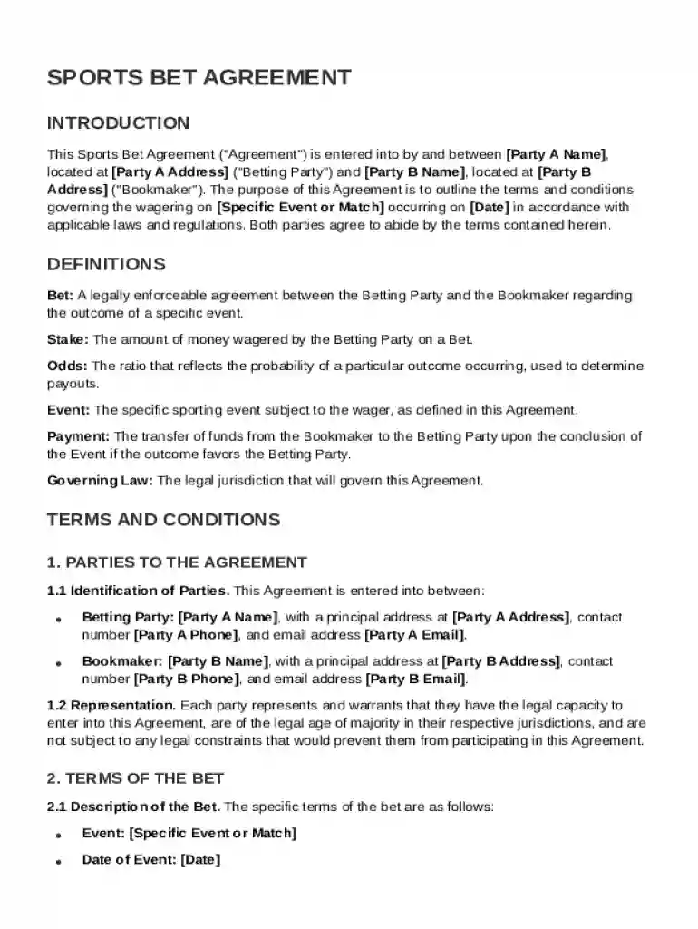 Sports Bet Contract Template Preview on Page 1