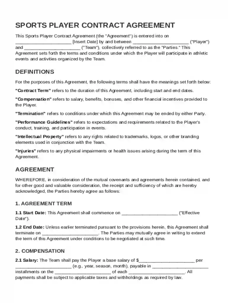 Sports Player Contract Template Preview on Page 1