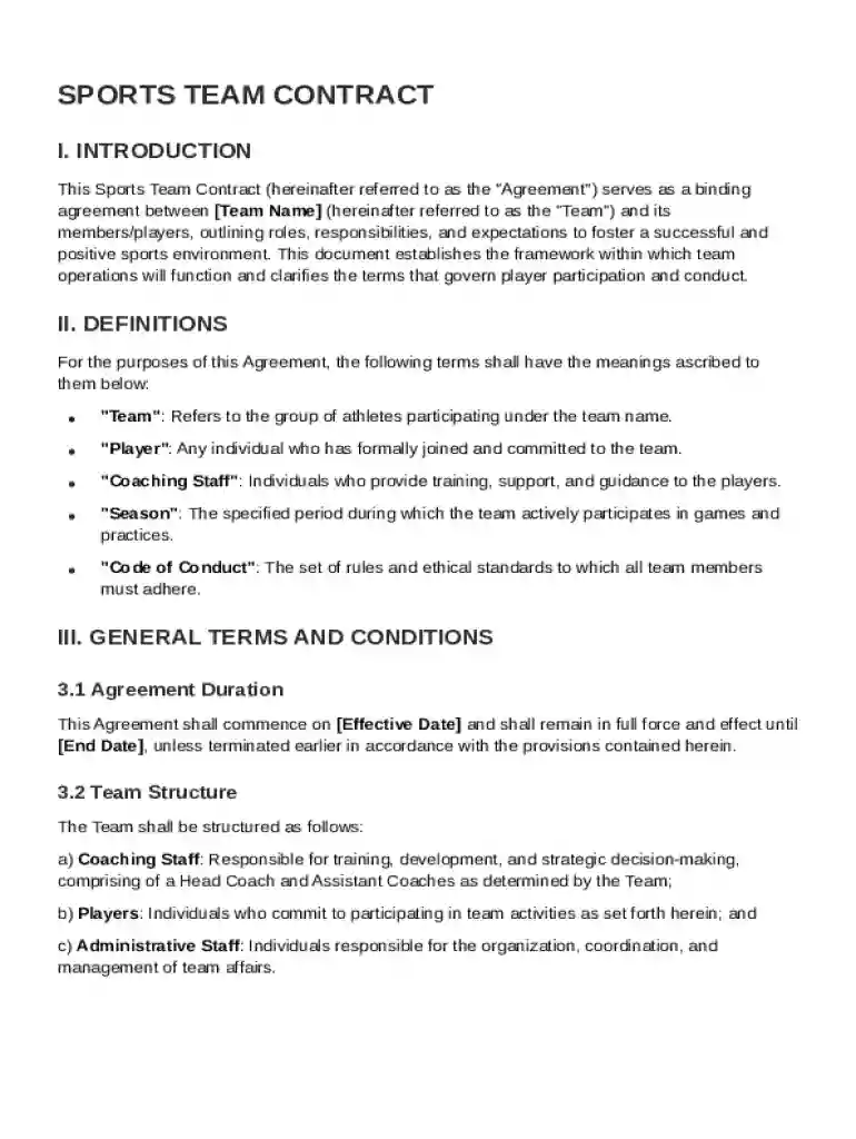 Sports Team Contract Template Preview on Page 1
