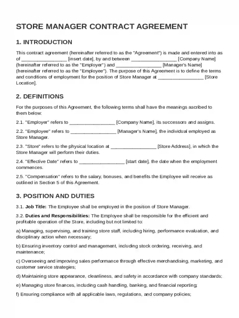 Store Manager Contract Template Preview on Page 1