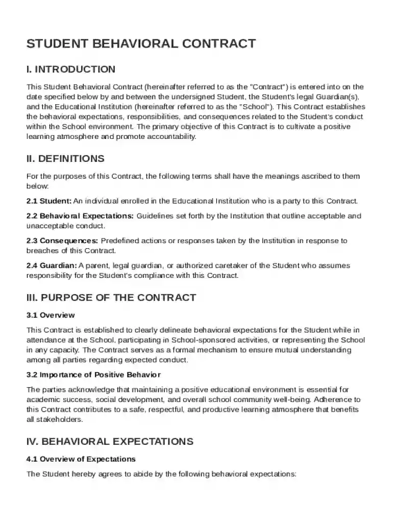 Student Behavioral Contract Template Preview on Page 1
