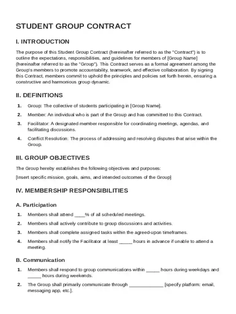 Student Group Contract Template Preview on Page 1
