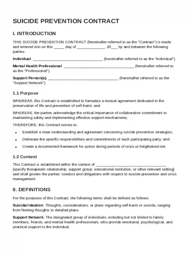 Suicide Prevention Contract Template Preview on Page 1