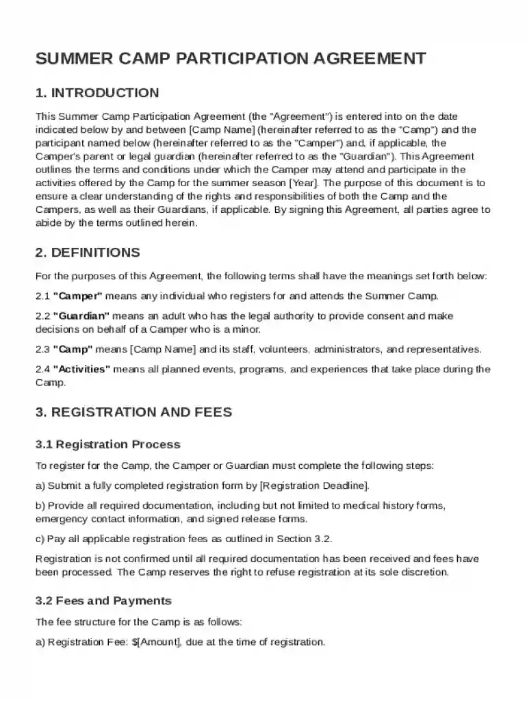 Summer Camp Contract Template Preview on Page 1