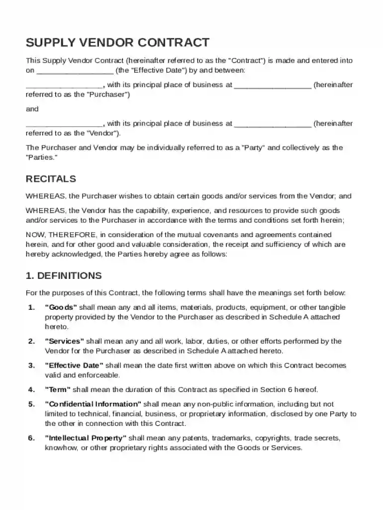 Supply Vendor Contract Template Preview on Page 1