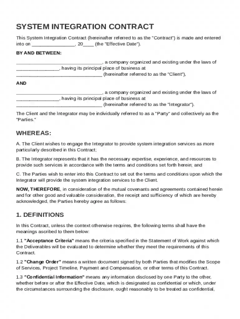 System Integration Contract Template Preview on Page 1