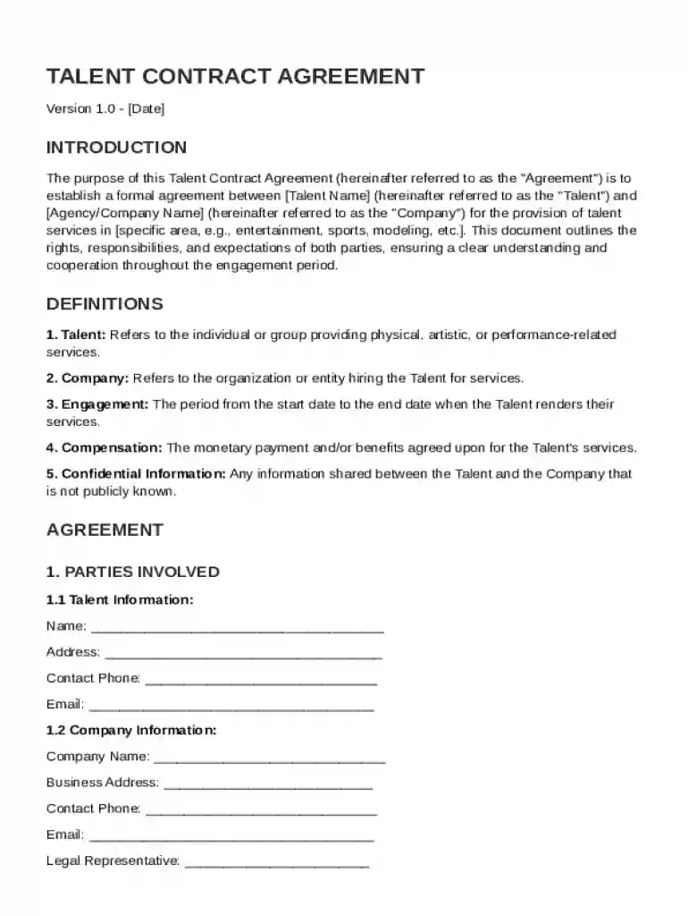Talent Contract Template Preview on Page 1