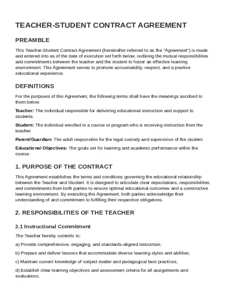 Teacher, Student Contract Template Preview on Page 1