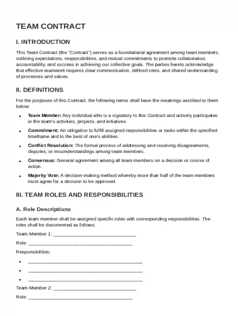 Team Contract Template Preview on Page 1