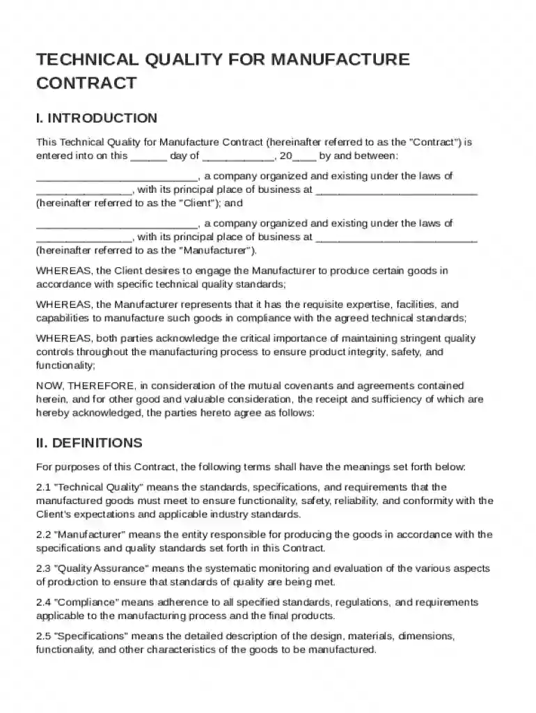 Technical Quality For Manufactur Contract Template Preview on Page 1