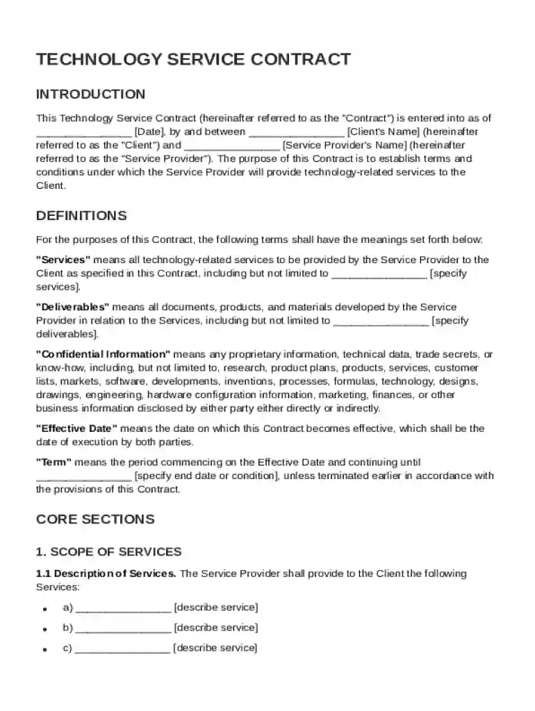 Technology Service Contract Template Preview on Page 1