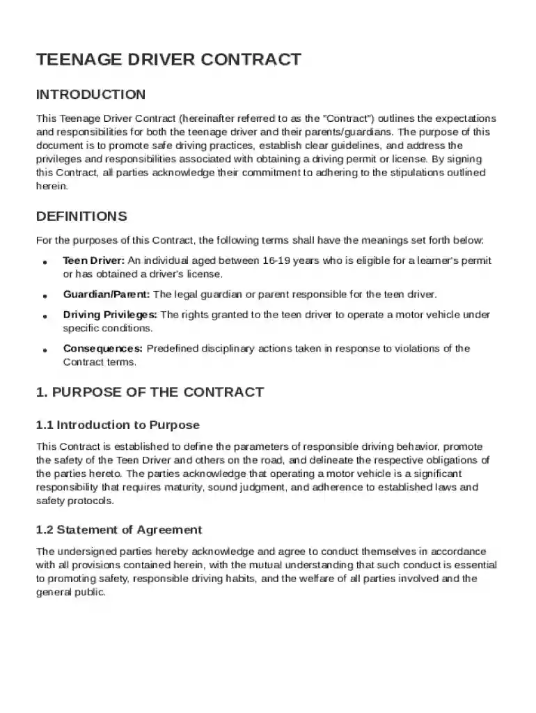 Teenage Driv Contract Template Preview on Page 1