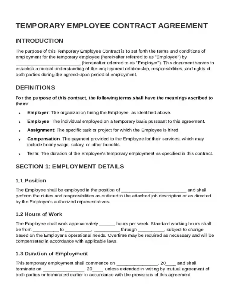 Temporary Employee Contract Template Preview on Page 1