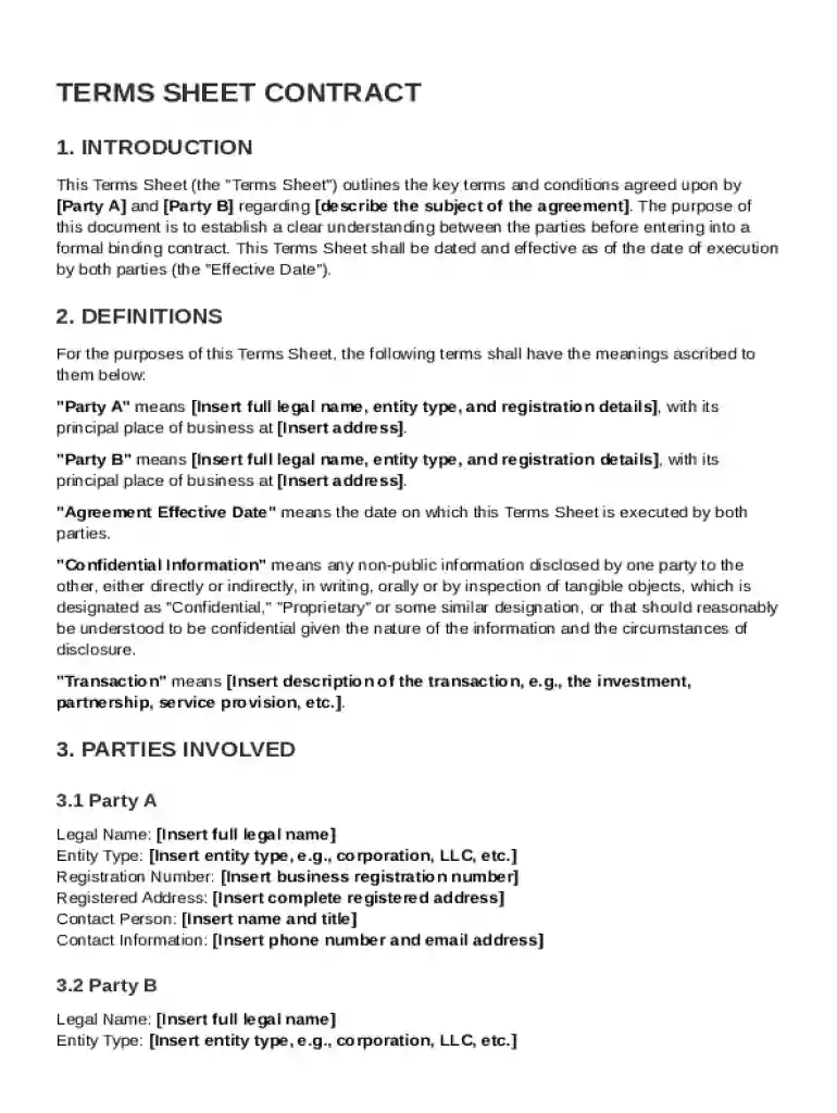 Terms Sheet Contract Template Preview on Page 1