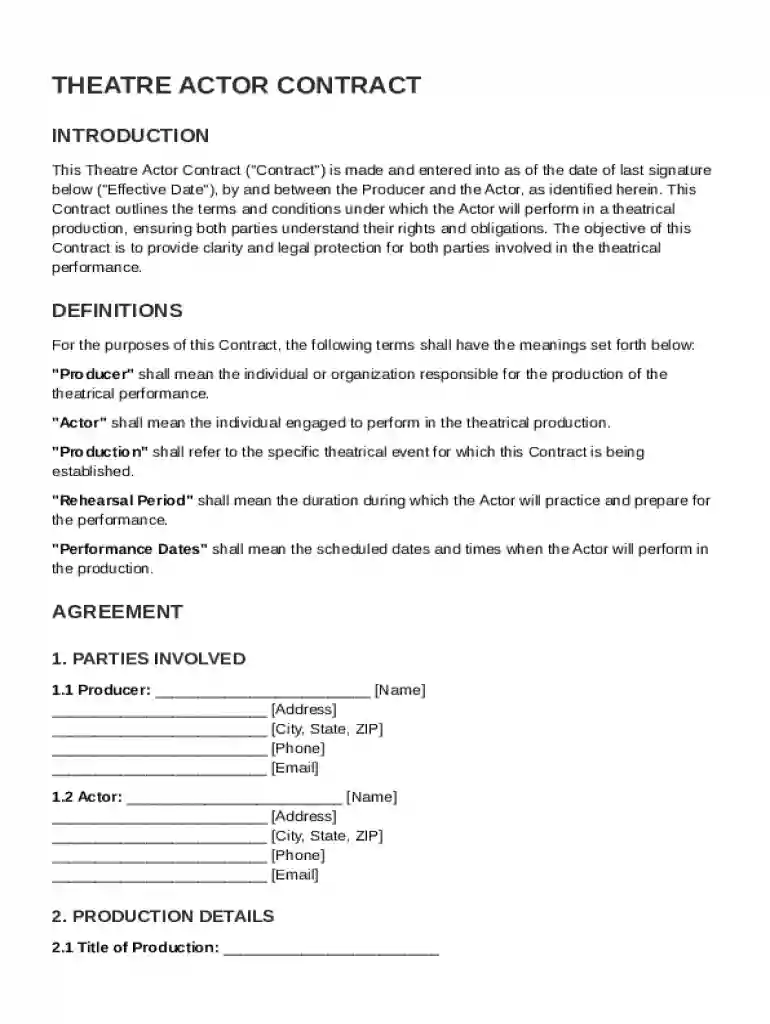 Theatre Actor Contract Template Preview on Page 1