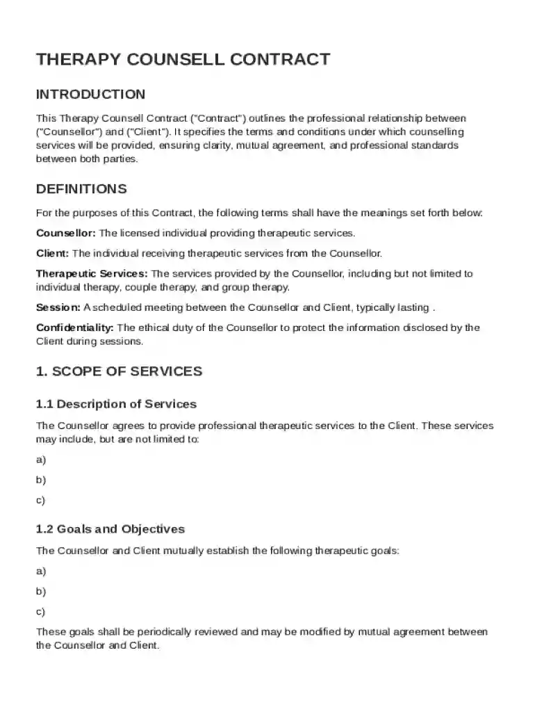 Therapy Counsell Contract Template Preview on Page 1