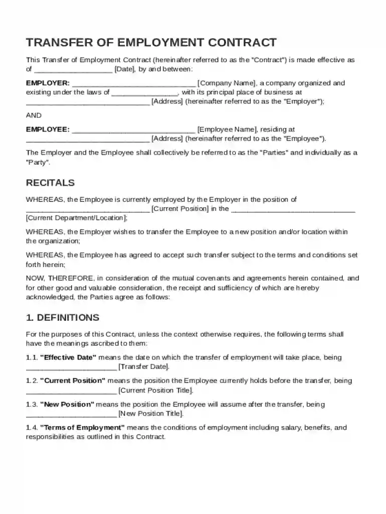 Transfer Of Employment Contract Template Preview on Page 1
