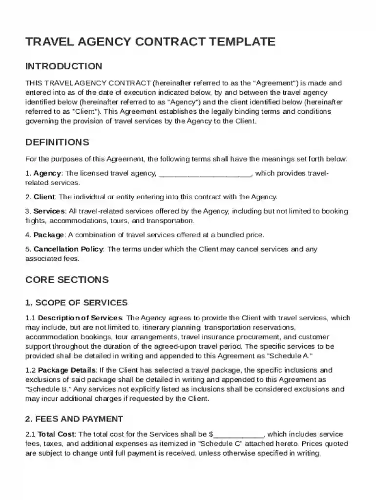 Travel Agency Contract Template Preview on Page 1