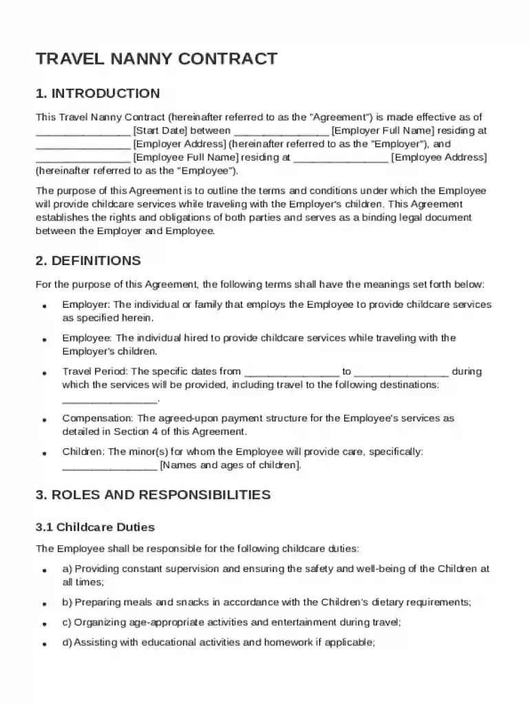 Travel Nanny Contract Template Preview on Page 1