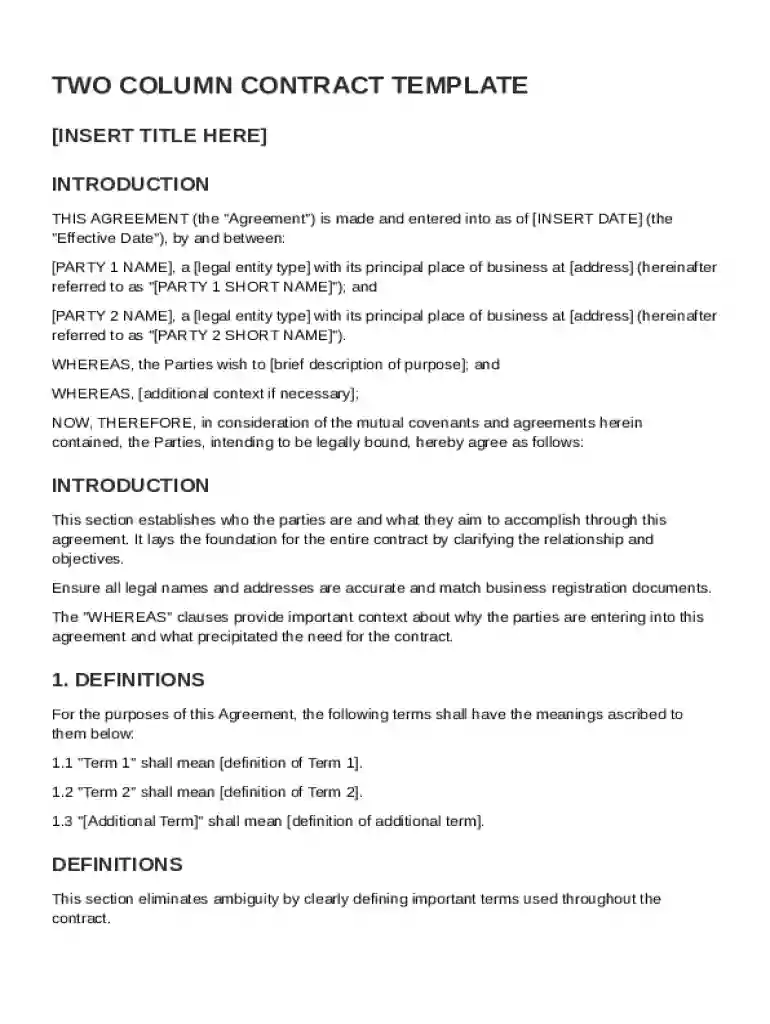 Two Column Contract Template Preview on Page 1