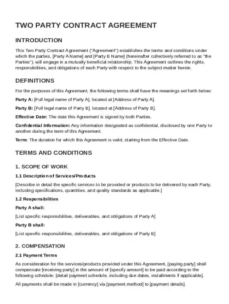 Two Party Contract Template Preview on Page 1