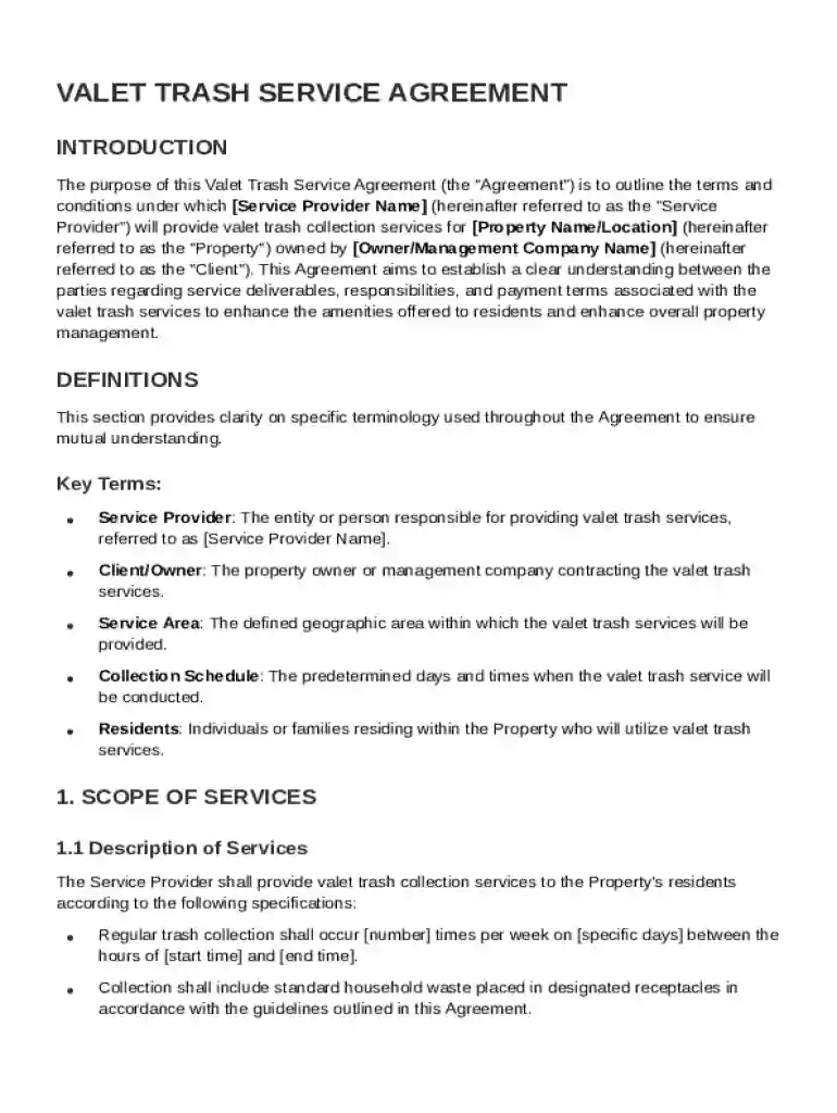 Valet Trash Contract Template Preview on Page 1