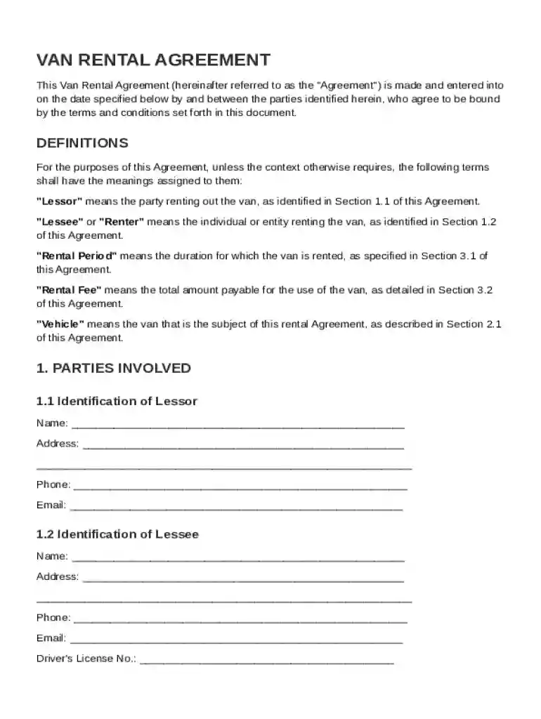 Van Rental Contract Template Preview on Page 1