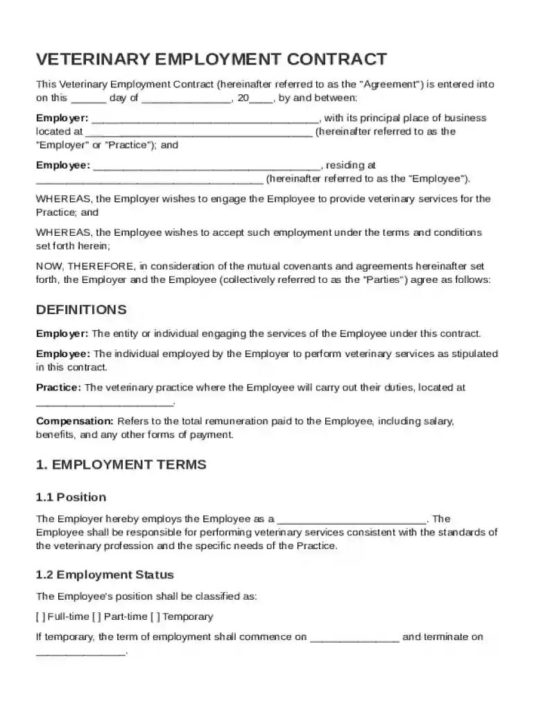 Veterinary Employment Contract Template Preview on Page 1