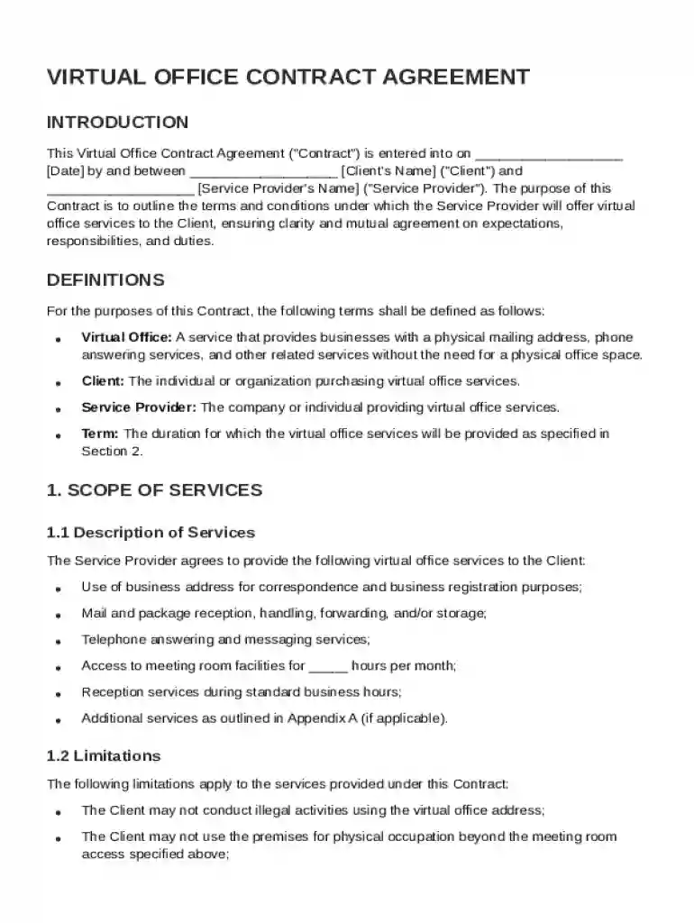 Virtual Office Contract Template Preview on Page 1