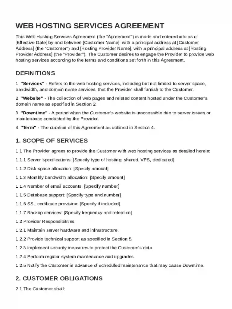 Web Host Contract Template Preview on Page 1
