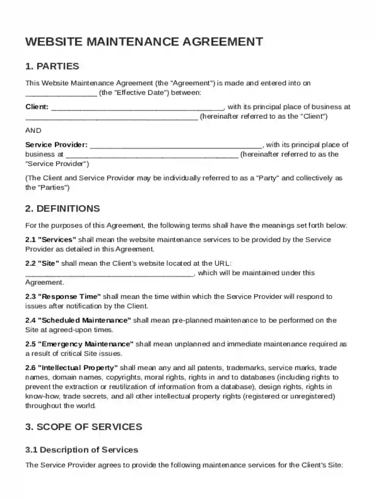 Website Maintenance Contract Template Preview on Page 1