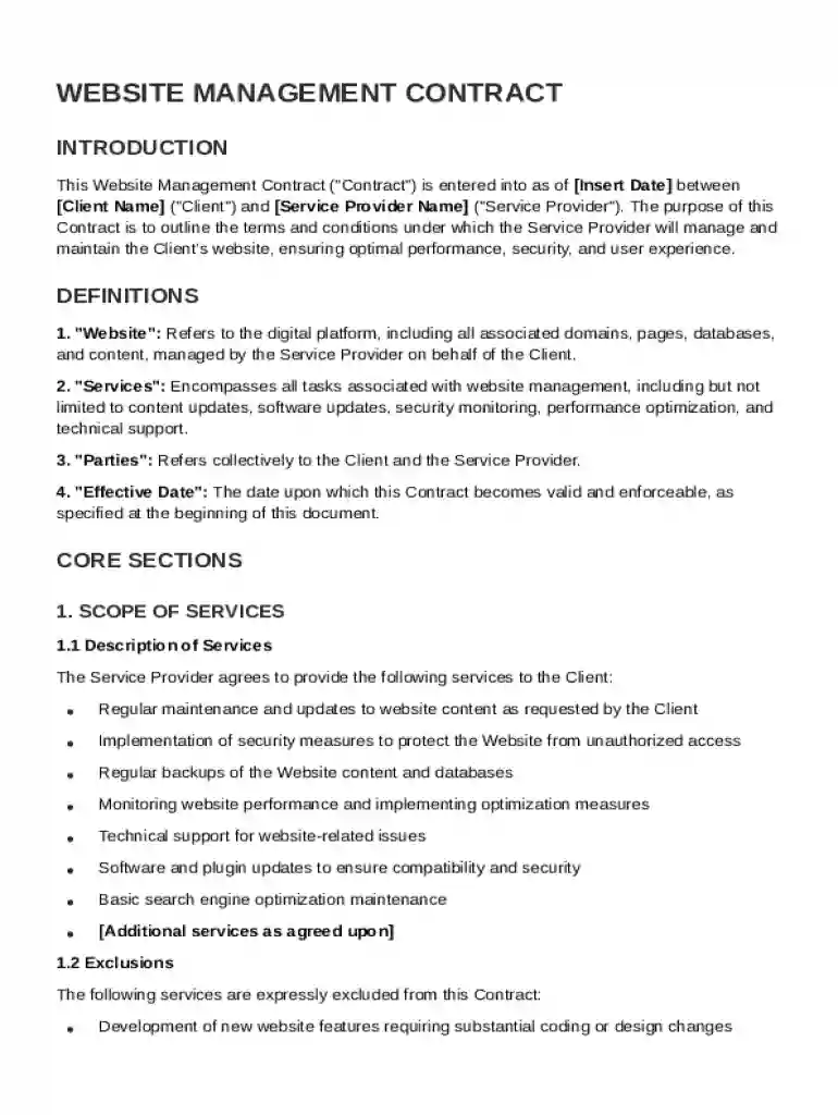 Website Management Contract Template Preview on Page 1