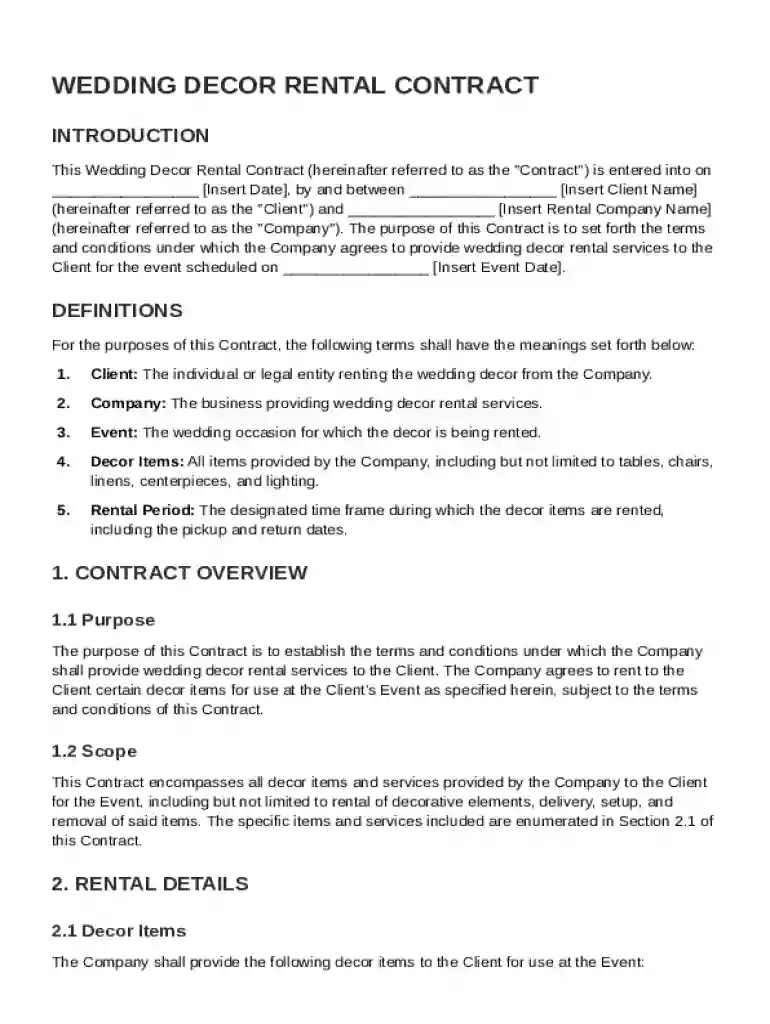 Wedding Decor Rental Contract Template Preview on Page 1