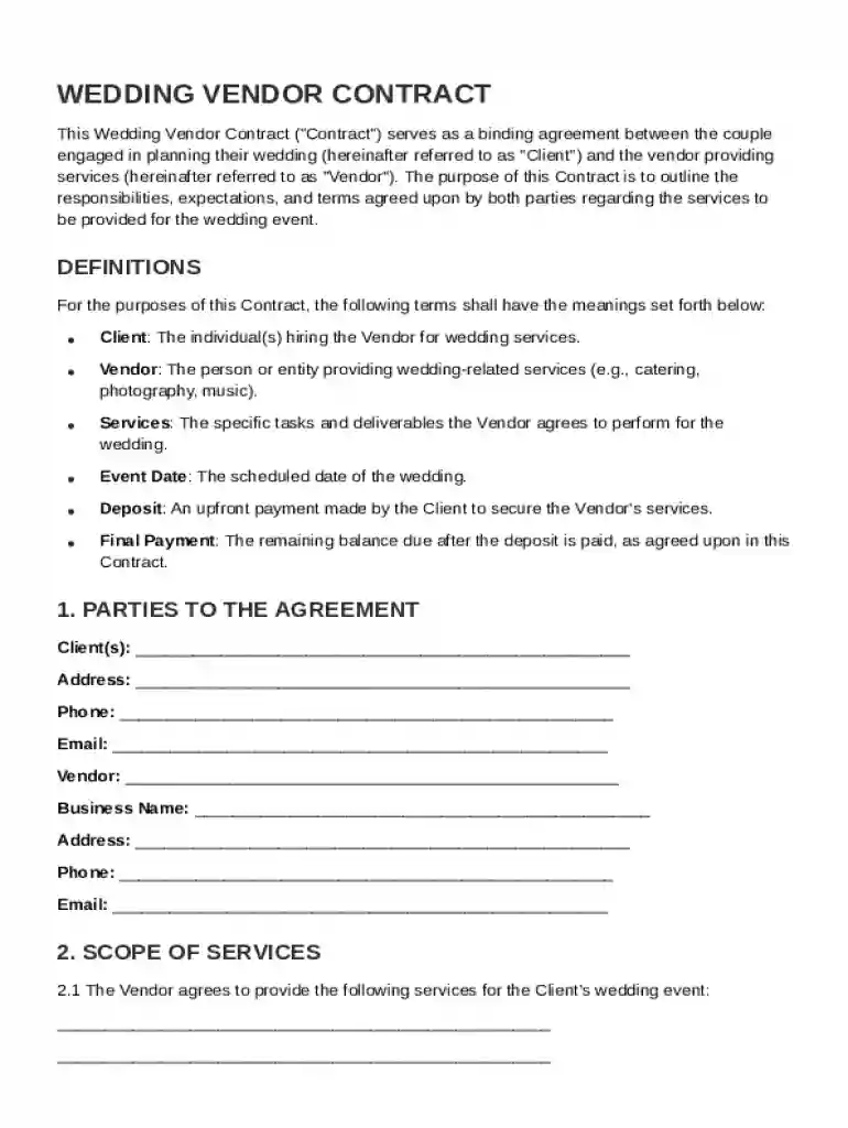 Wedding Vendor Contract Template Preview on Page 1