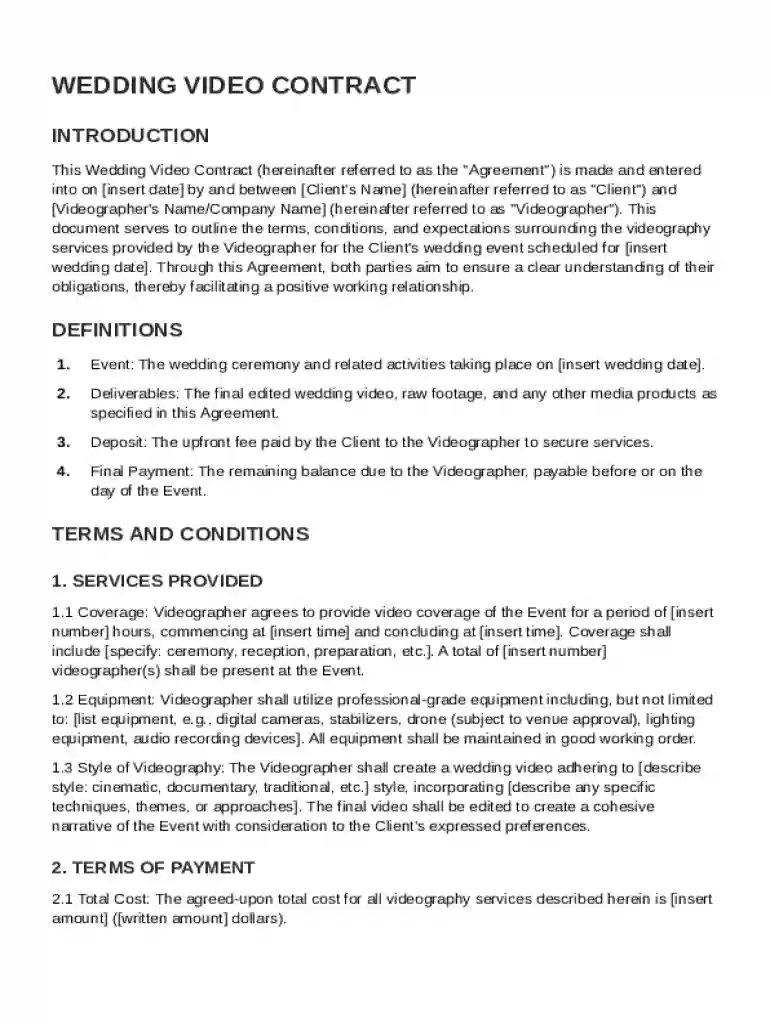 Wedding Video Contract Template Preview on Page 1