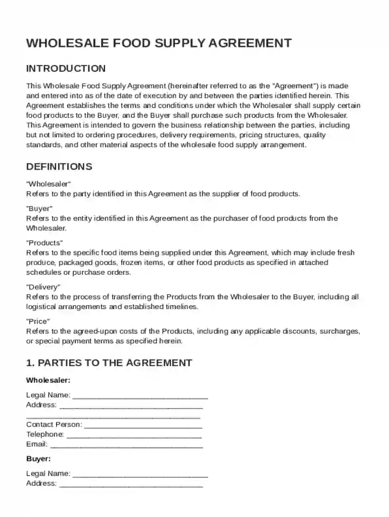 Wholesale Food Contract Template Preview on Page 1