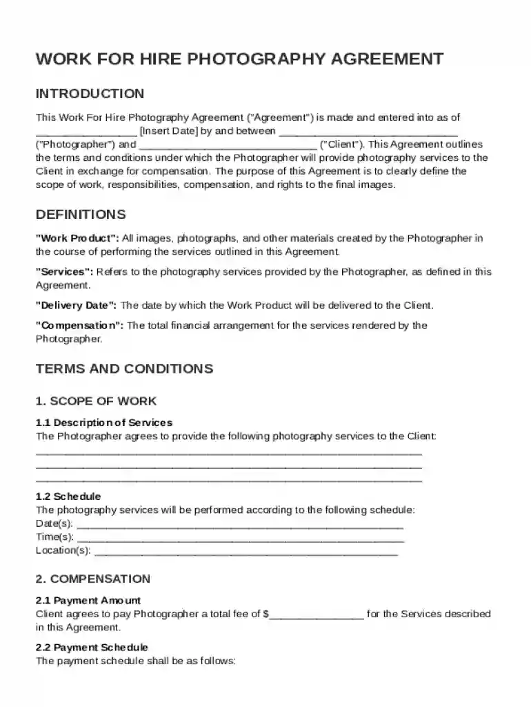 Work For Hire Photographer Contract Template Preview on Page 1