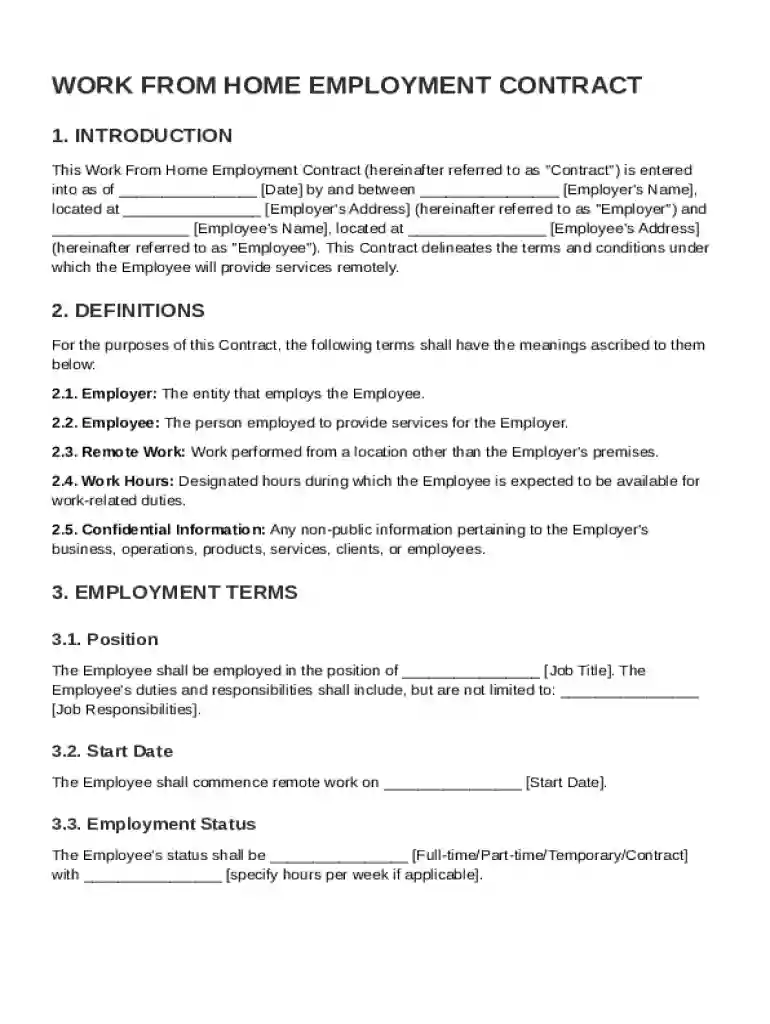 Work From Home Employment Contract Template Preview on Page 1