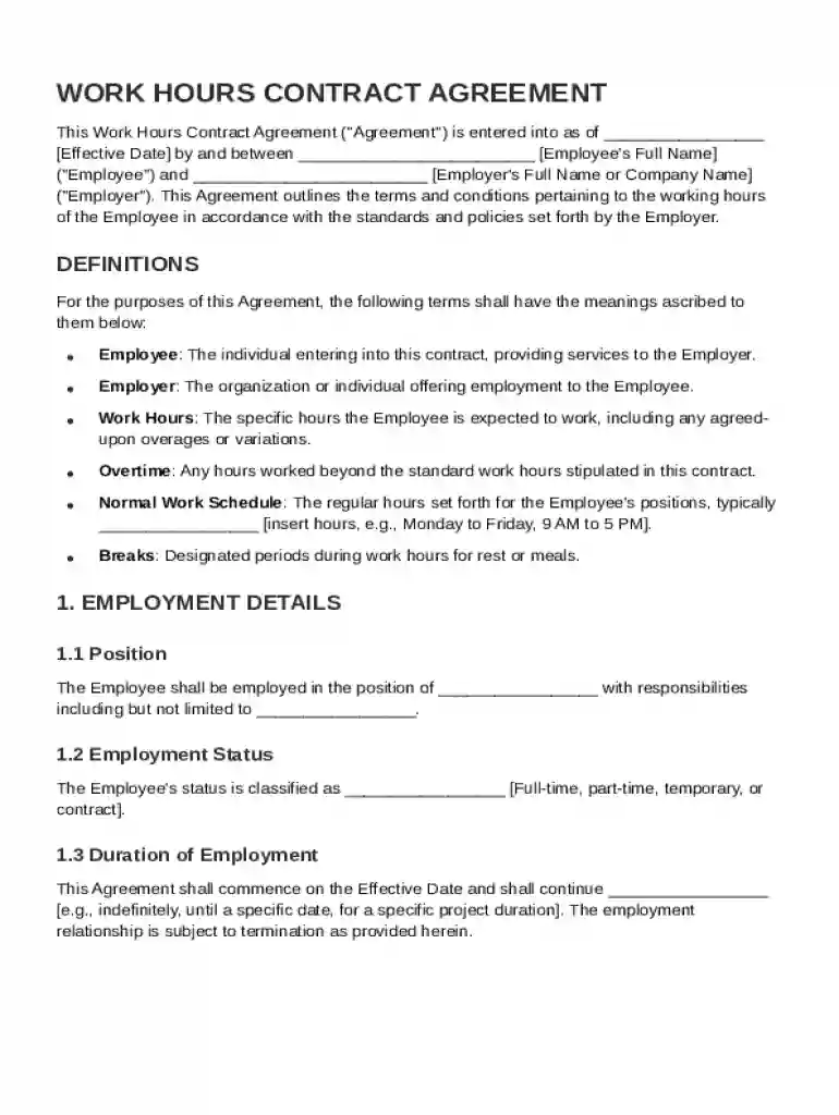 Work Hours Contract Template Preview on Page 1