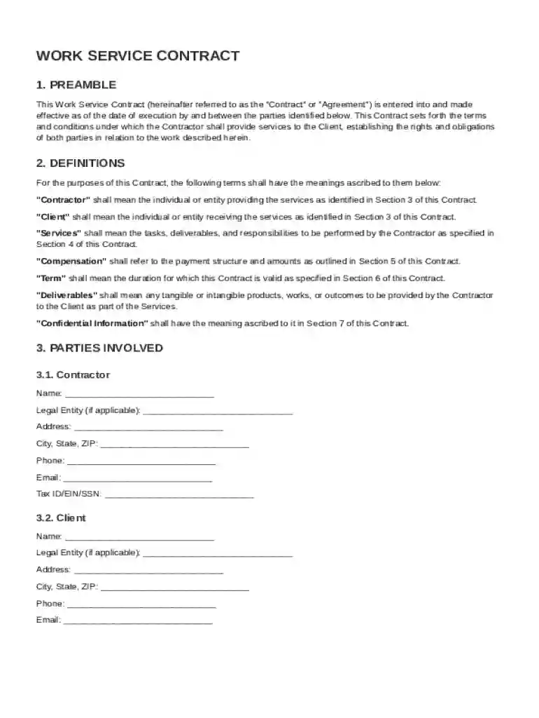 Work Service Contract Template Preview on Page 1