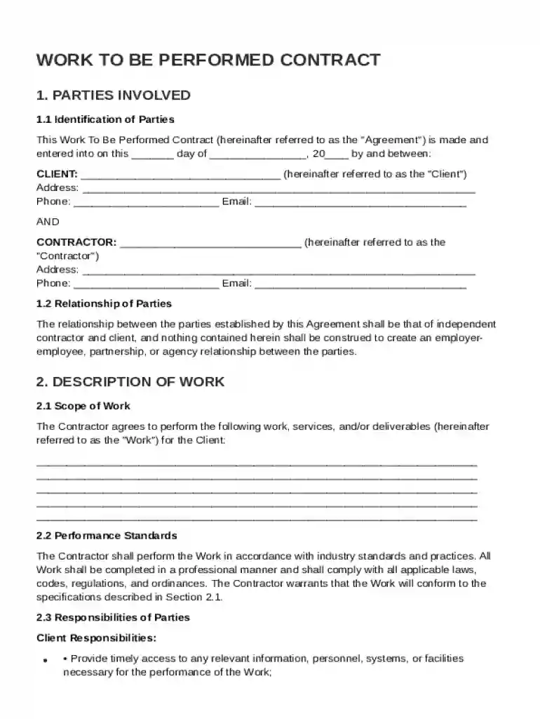 Work To Be Performed Contract Template Preview on Page 1
