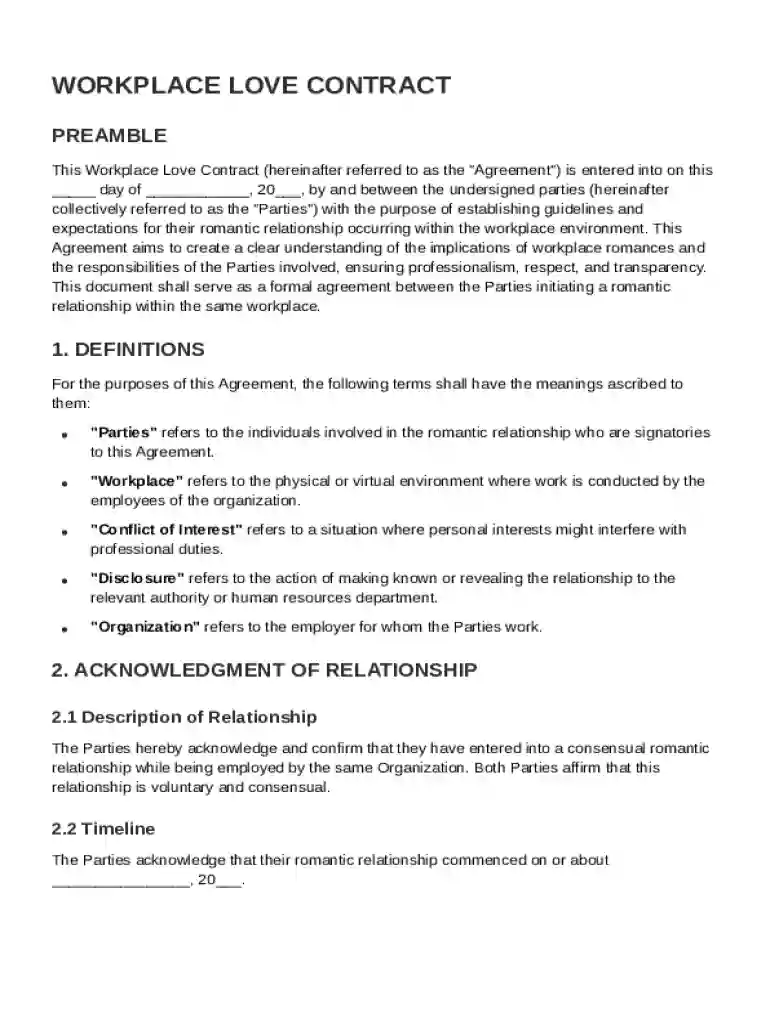 Workplace Love Contract Template Preview on Page 1