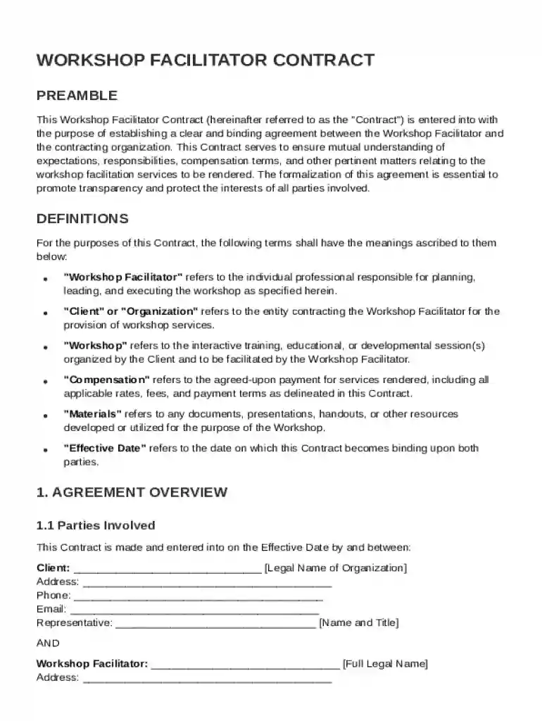 Workshop Facilitator Contract Template Preview on Page 1