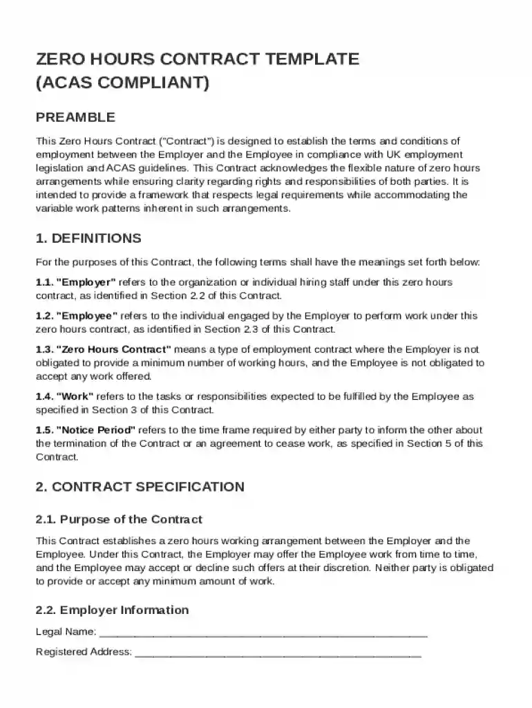 Zero Hours Acas Contract Template Preview on Page 1
