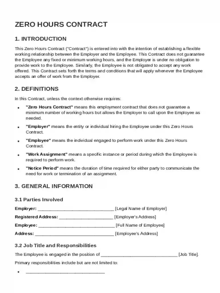 Zero Hours Contract Template Preview on Page 1