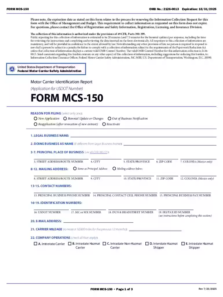 Motor Carrier Identification Report (MCS-150 Form) Preview on Page 1