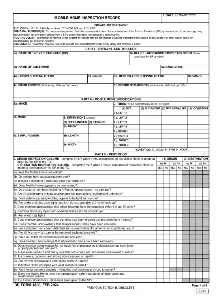 DD Form 1800 Mobile Home Inspection Record Preview on Page 1