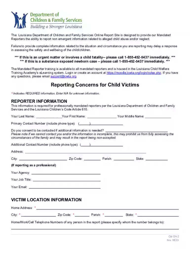Louisiana Child Abuse Report Form Preview on Page 1